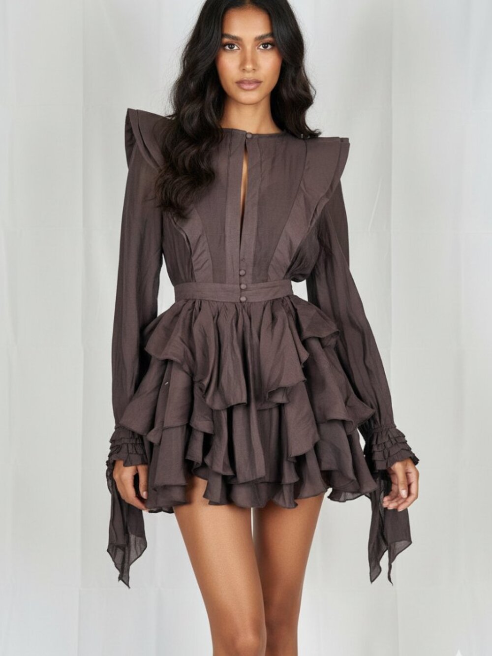 Innovare Denim Annabelle Brown Cutout Ruffled Mini Dress - Size S $140 RRP